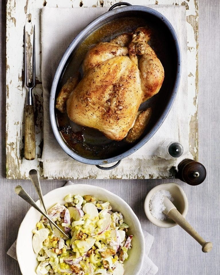 Brined roast chicken with a classic waldorf salad