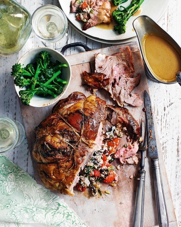 Lamb shoulder stuffed with tomatoes, goat’s cheese and basil