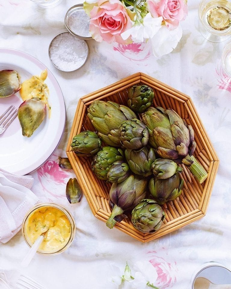 Globe artichokes with herby hollandaise