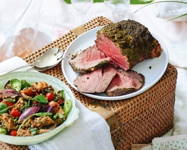 Pangrattato-topped beef with slow-roast tomato, garlic and basil lentil salad