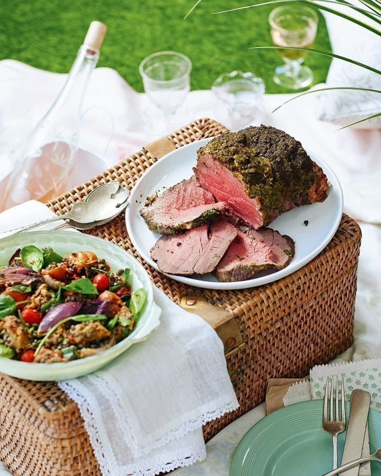 Pangrattato-topped beef with slow-roast tomato, garlic and basil lentil salad