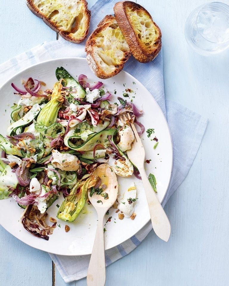 Marinated courgette salad with smoked mozzarella and hazelnuts