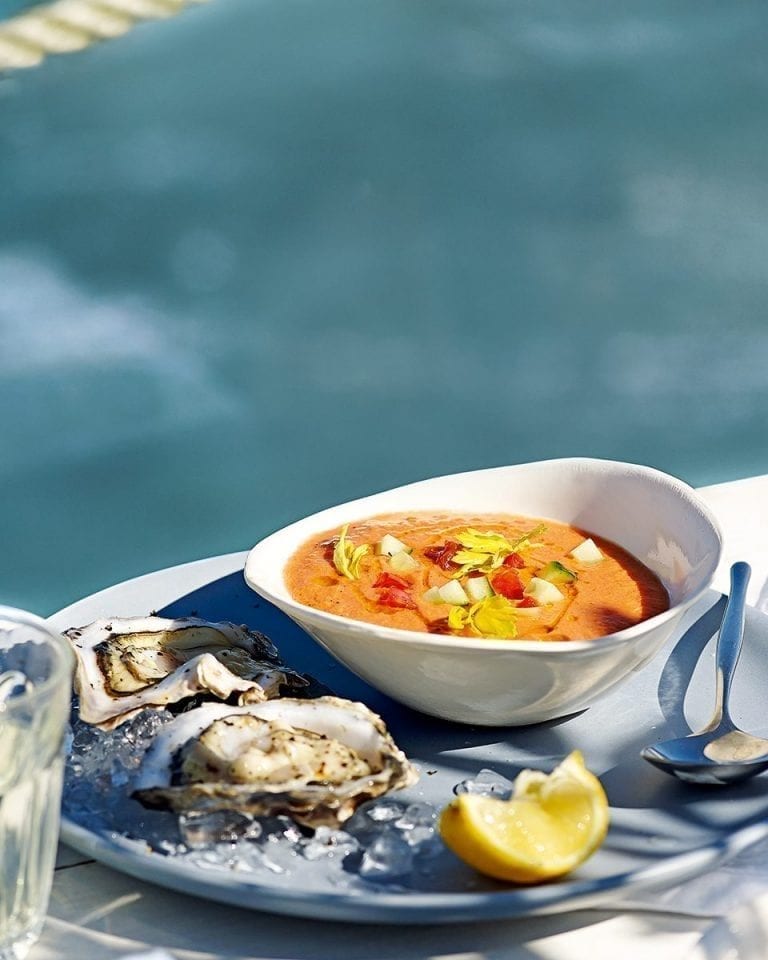 Bloody Mary gazpacho with fresh oysters