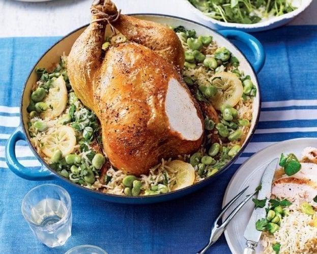 Chef Richard Bainbridges pot roast chicken with pilaf rice and broad beans