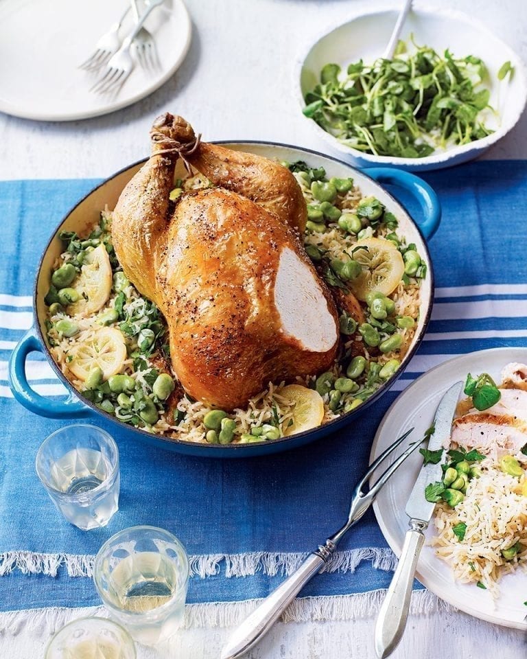 Pot-roast chicken with pilaf rice, broad beans and lemon