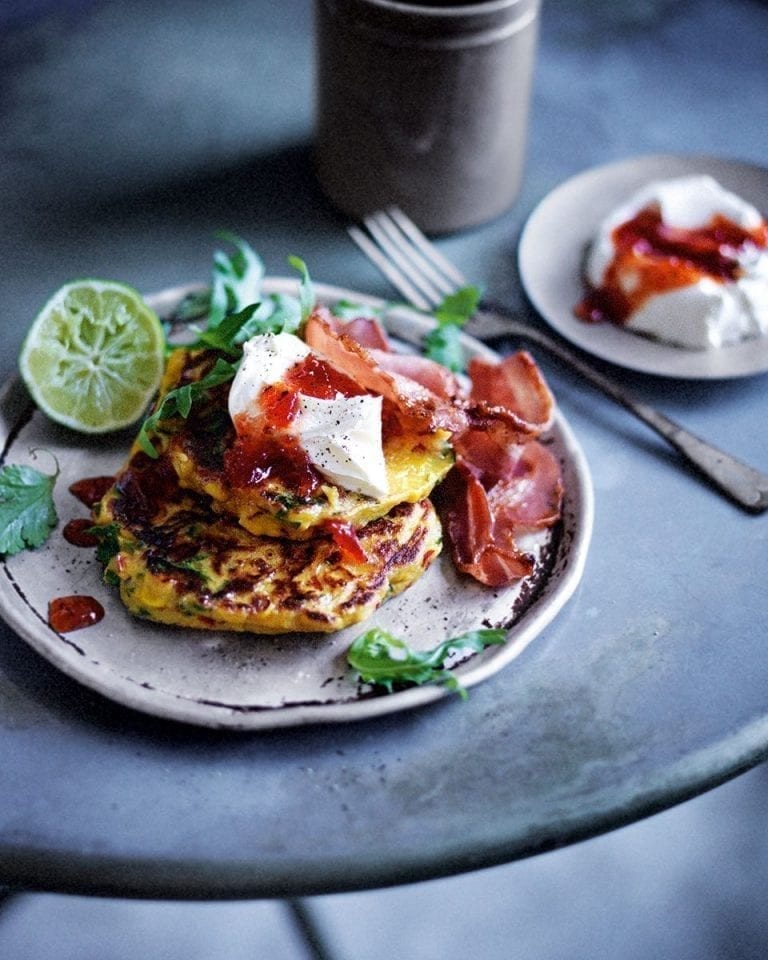 Corn fritters with crispy bacon, red pepper jam and soured cream