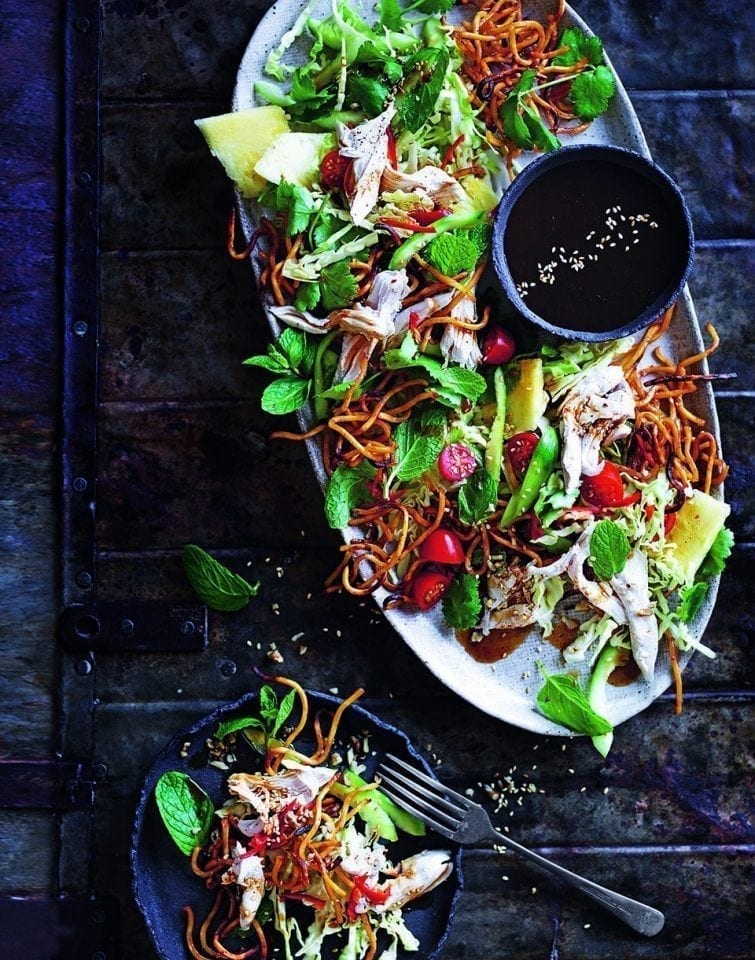 Poached coconut chicken salad with roasted noodles