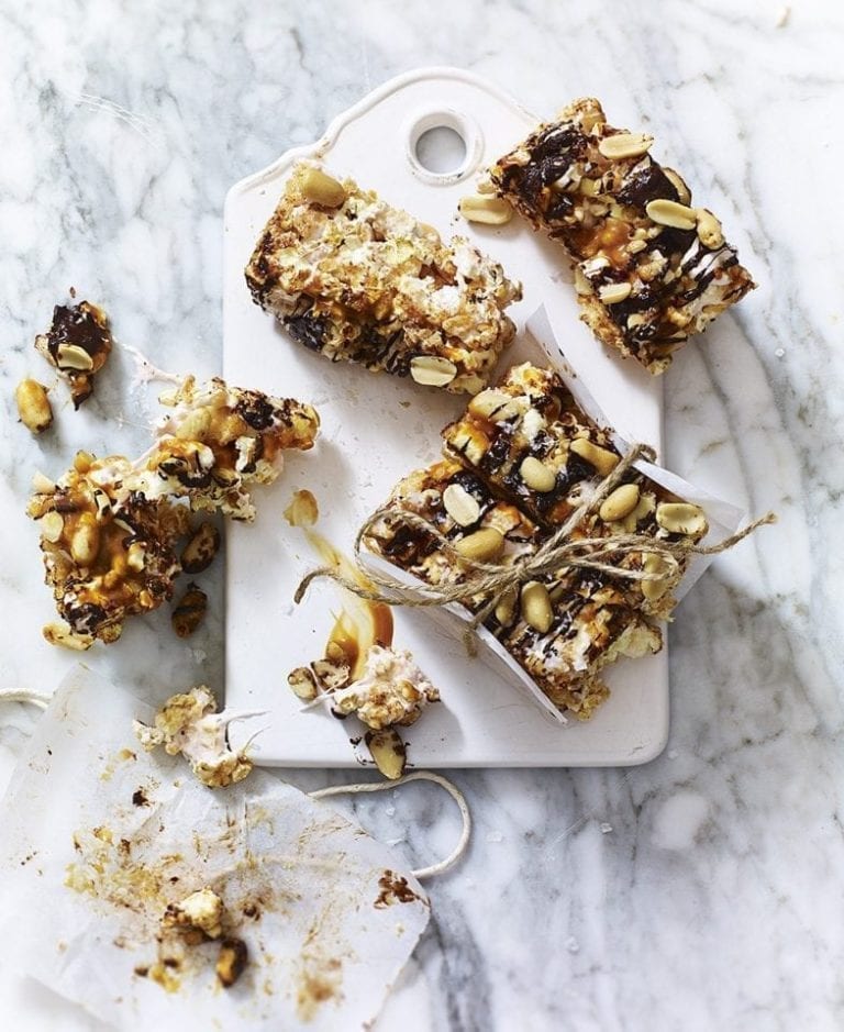 Caramel, chocolate and peanut popcorn bars