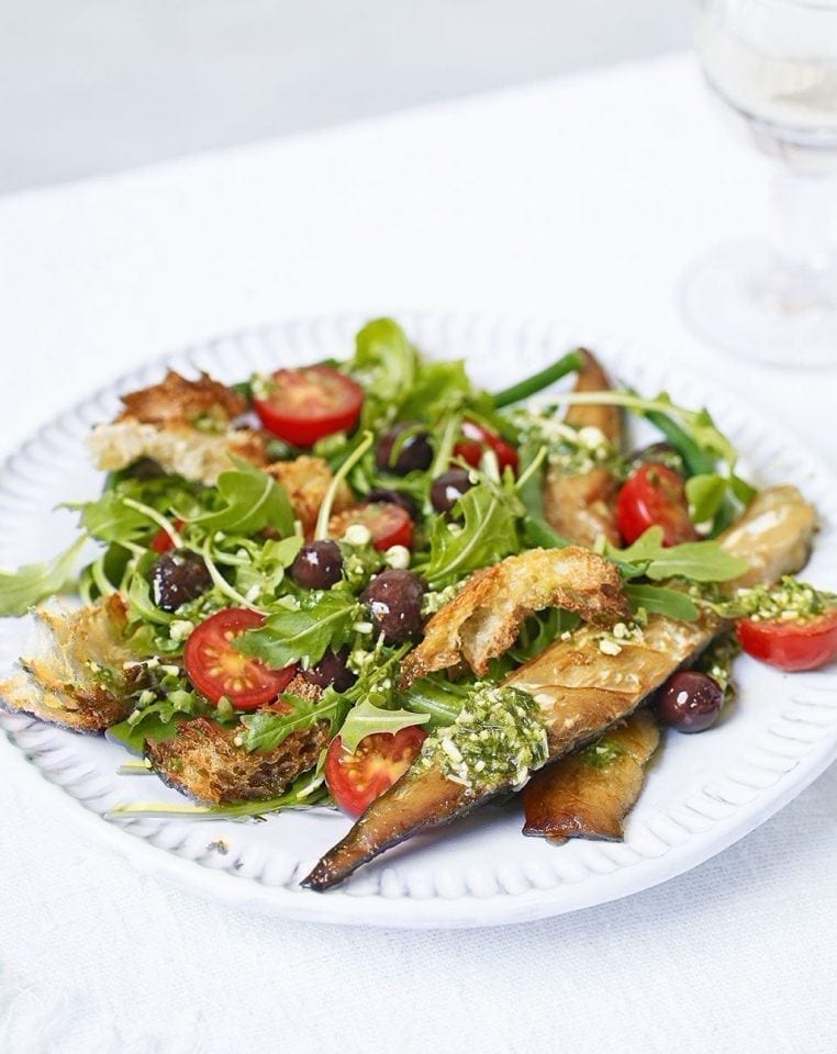 Grilled mackerel with green bean, olive and tomato pesto salad