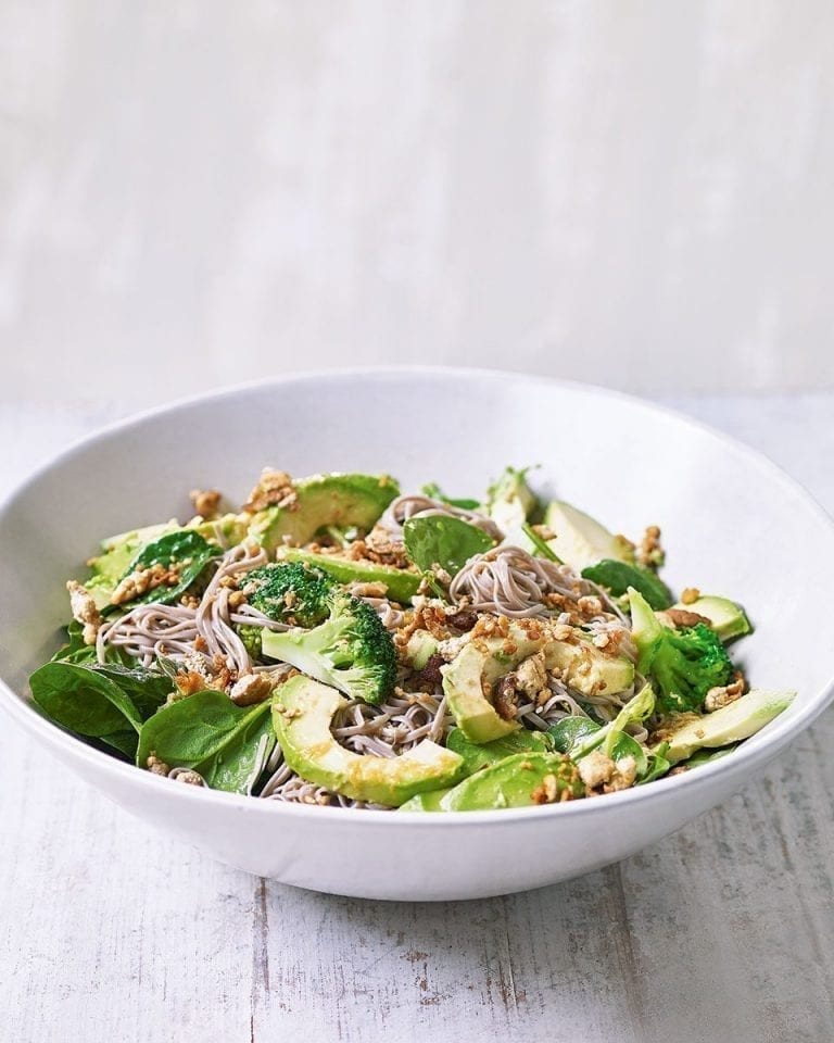 Green noodle and tofu salad with ginger and tamari dressing