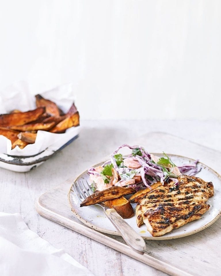 Teriyaki chicken with sweet potato wedges and slaw