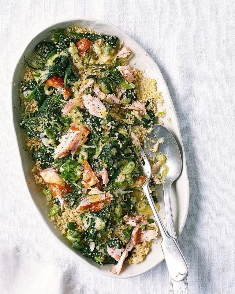 Hot-smoked salmon with lemon and dill couscous recipe | delicious. magazine