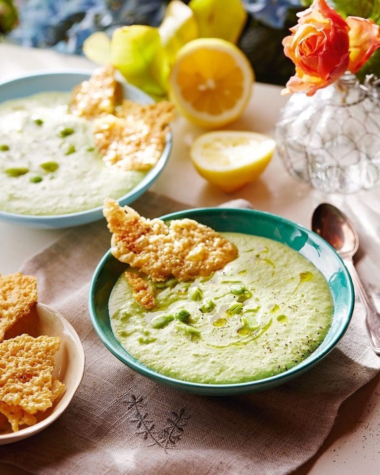 Crushed pea and broad bean soup with cheese crisps