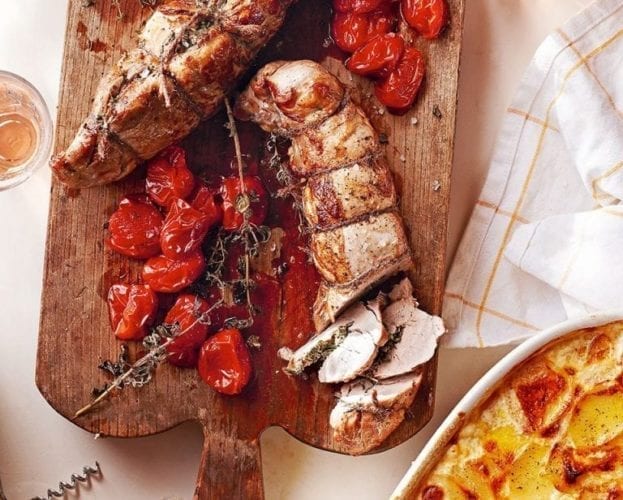 Garlic and garrigue pork fillet with roast cherry tomatoes