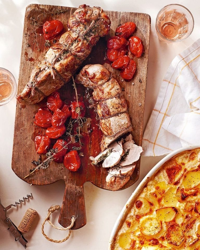 Garlic and garrigue pork fillet with roast cherry tomatoes