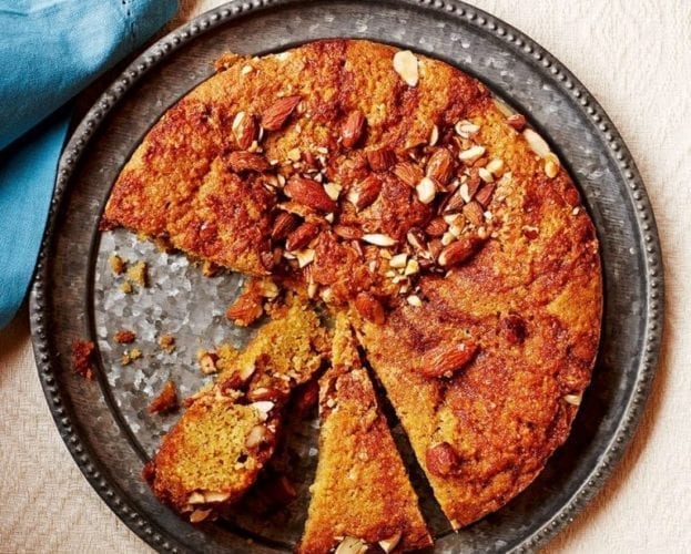 Coriander seed, spelt and orange honey cake with cardamom yogurt sorbet