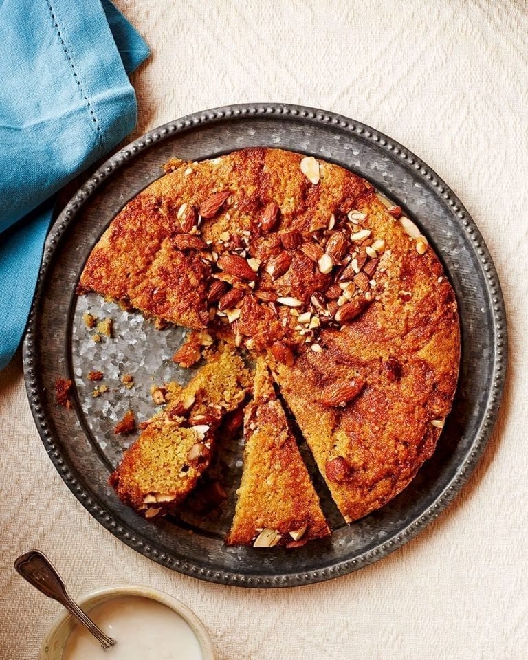 Crushed almond and lavender honey cake with crème fraîche