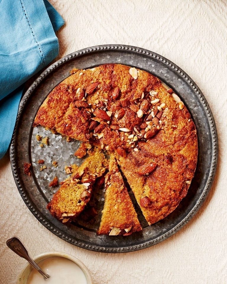 Crushed almond and lavender honey cake with crème fraîche recipe | delicious. magazine