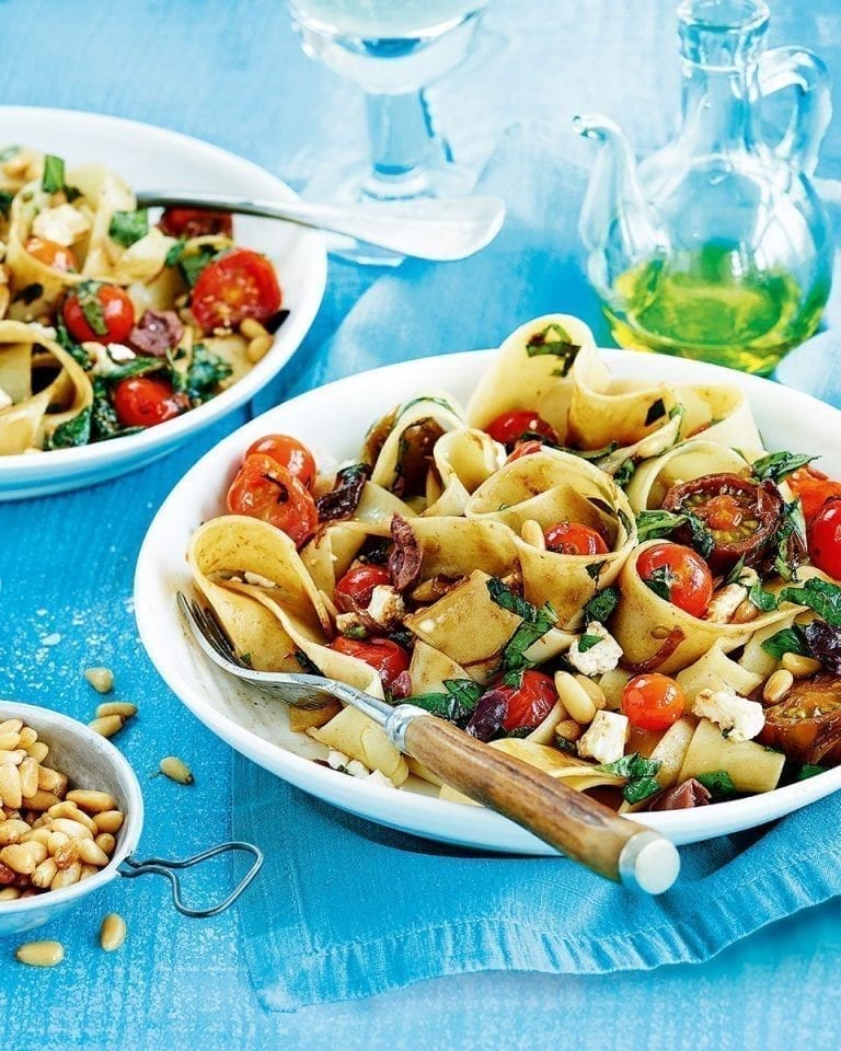 Tomato, feta and olive pasta pappardelle on a plate
