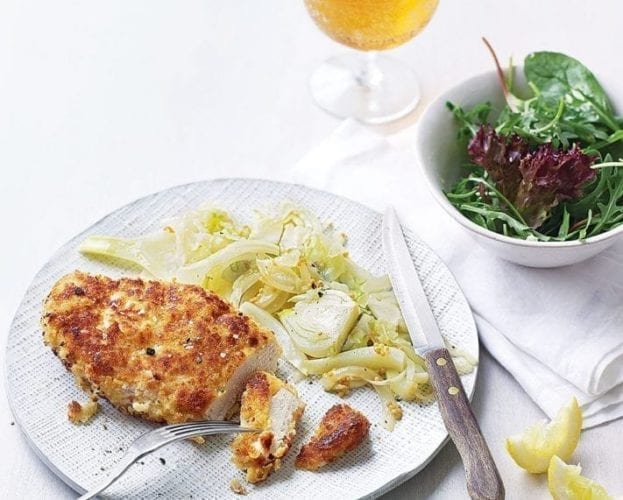 Chicken schnitzel with fennel, pistachio and apple salad