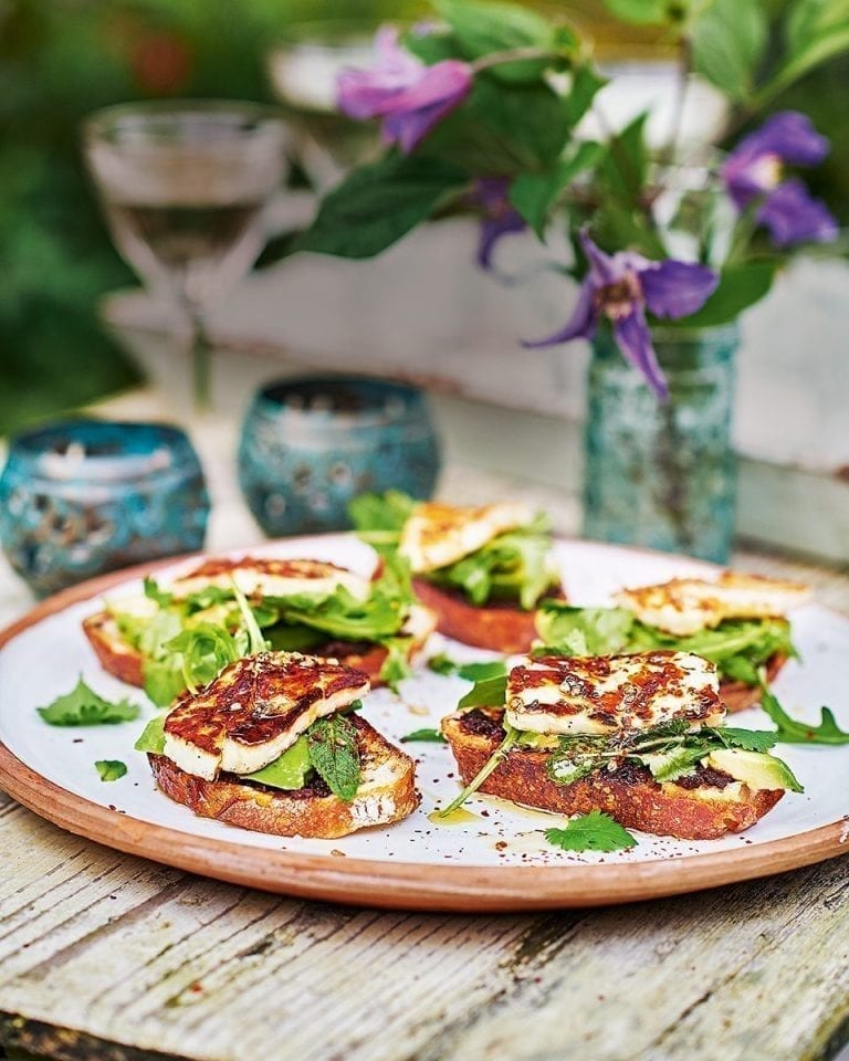 Grilled halloumi toasts with avocado and tapenade