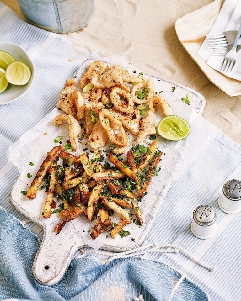 Salt and pepper squid with herb and garlic salt chips recipe