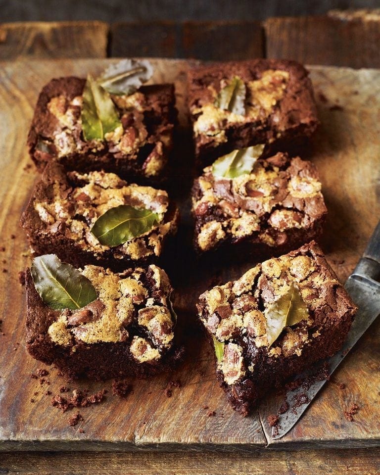 Chocolate rye brownies with bay and almonds