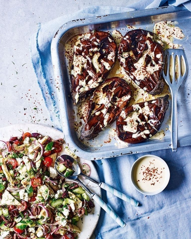 Whole roast aubergine with tahini yogurt