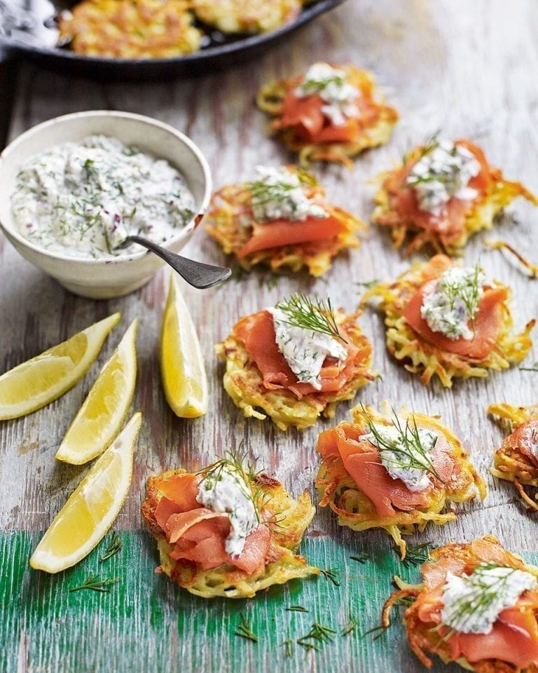 Smoked salmon latkes with Scandinavian horseradish cream