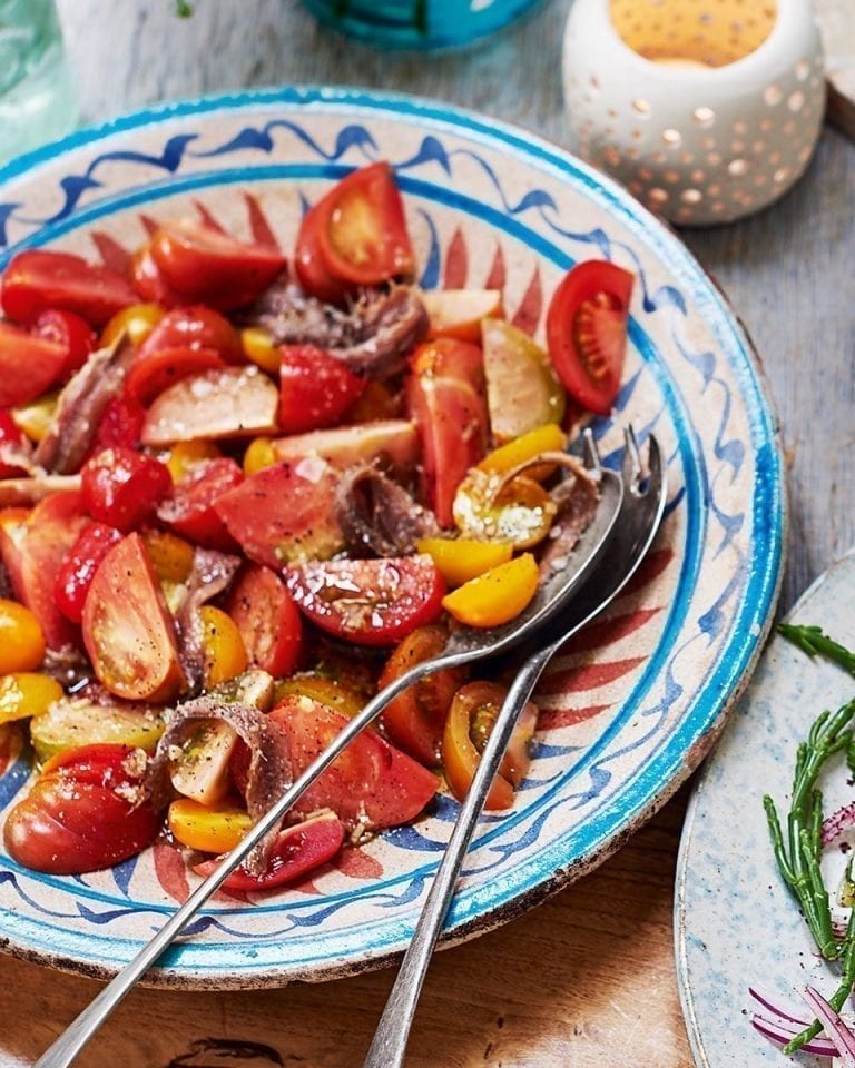 Salted anchovies and heritage tomato salad