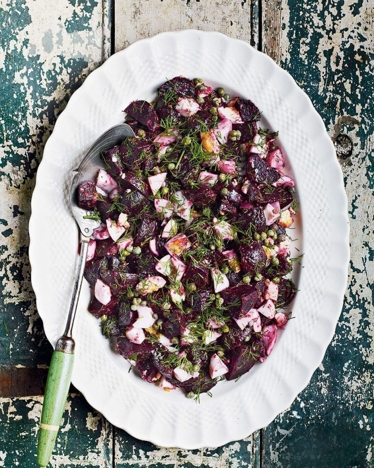 Roast beetroot, egg and caper salad with dill and horseradish vinaigrette