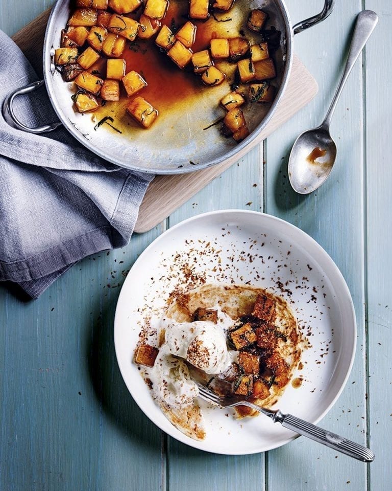 Coconut pancakes with rum-roasted pineapple