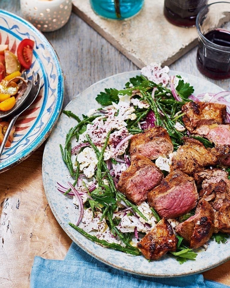Spiced lamb with samphire and sumac salad recipe delicious. magazine