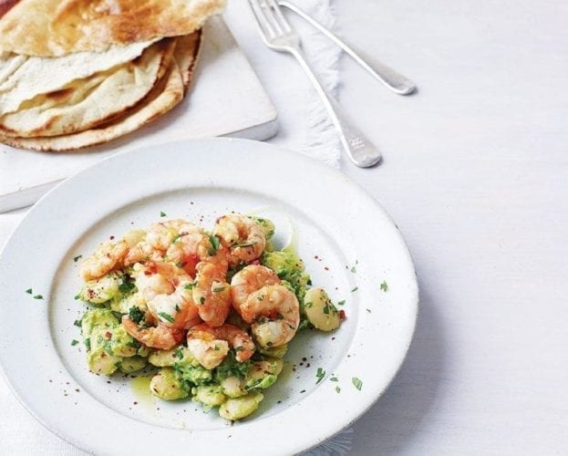 Lemongrass and chilli prawns with avocado bean salsa