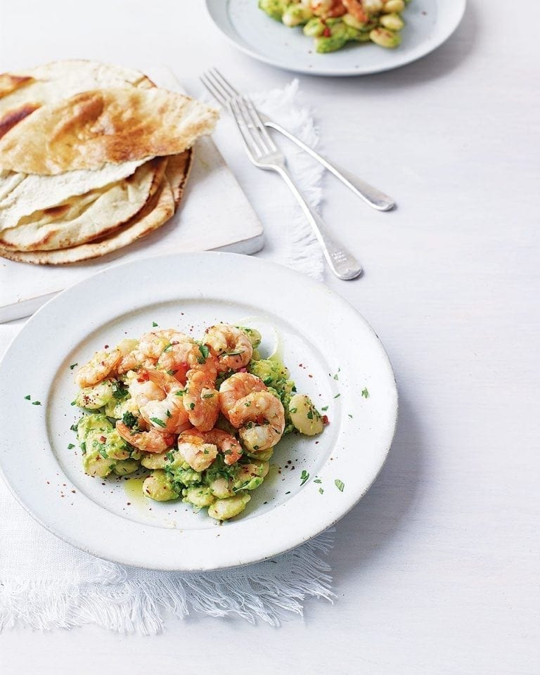 Lemongrass and chilli prawns with avocado bean salsa recipe | delicious. magazine