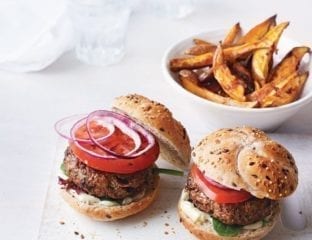 Beef burgers with smoky sweet potato wedges