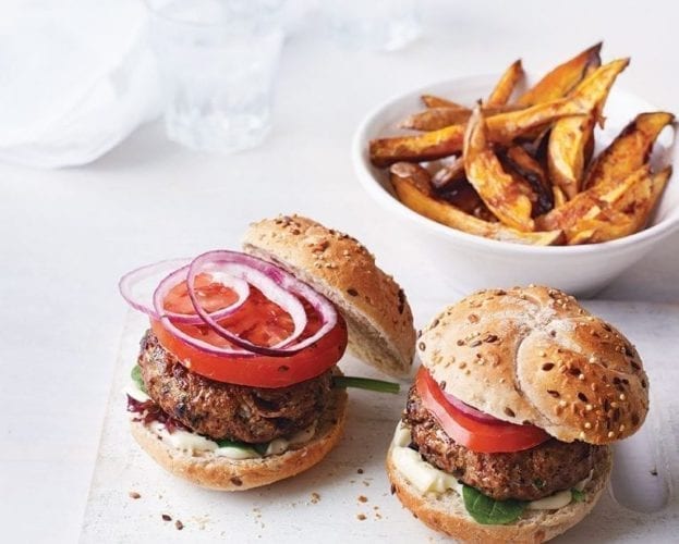 Beef burgers with smoky sweet potato wedges