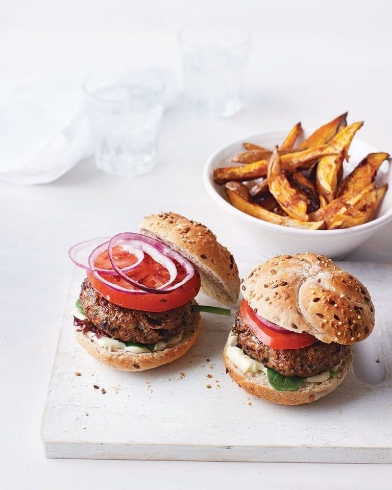 Beef burgers with smoky sweet potato wedges