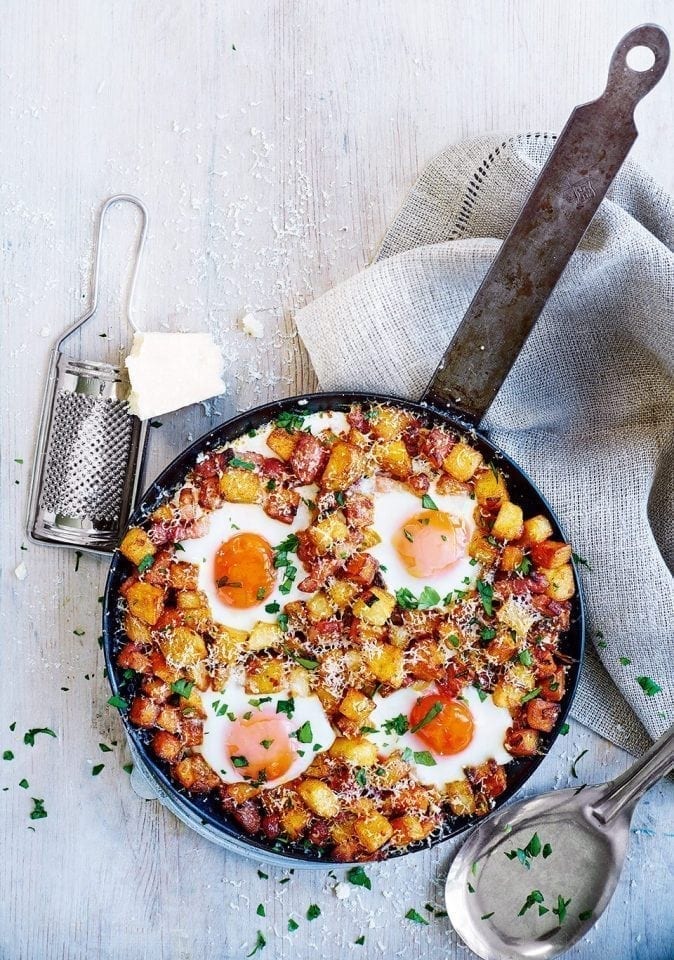 Two-potato, pancetta and parmesan hash