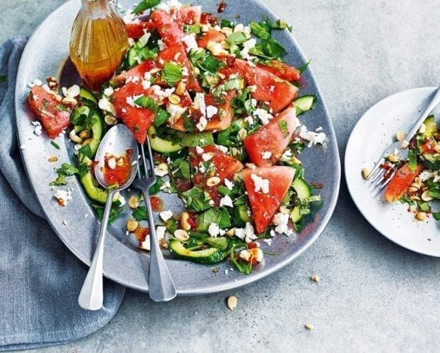 Watermelon, feta, herb and peanut salad with hot and sour dressing