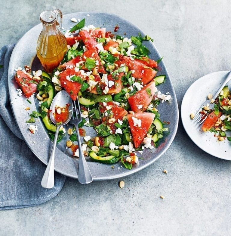 Watermelon, feta, herb and peanut salad with hot and sour dressing