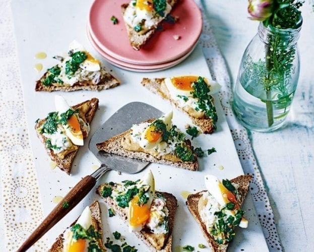 Crab on toasted spelt with soft boiled eggs and salsa verde