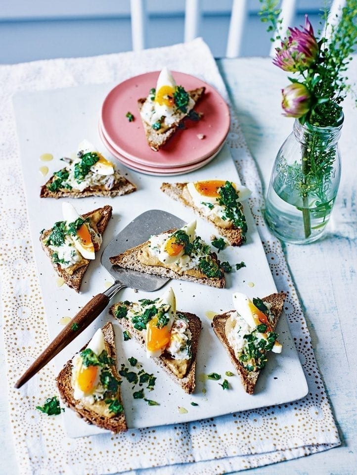 Crab on toasted spelt with soft boiled eggs and salsa verde