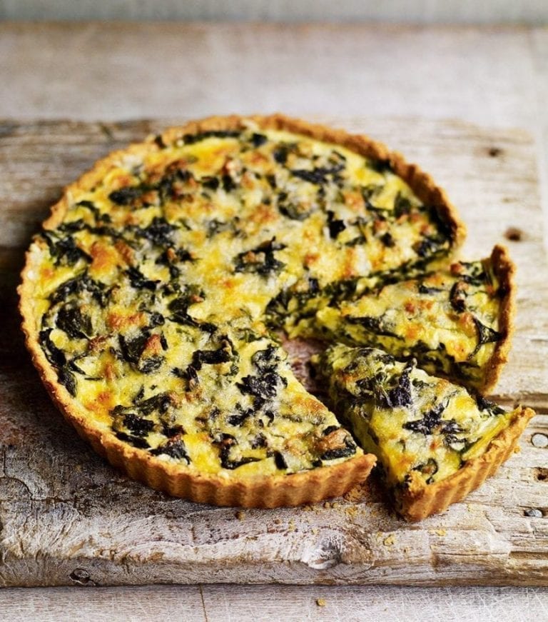 Cheddar and chard tart with cheese and oatmeal pastry