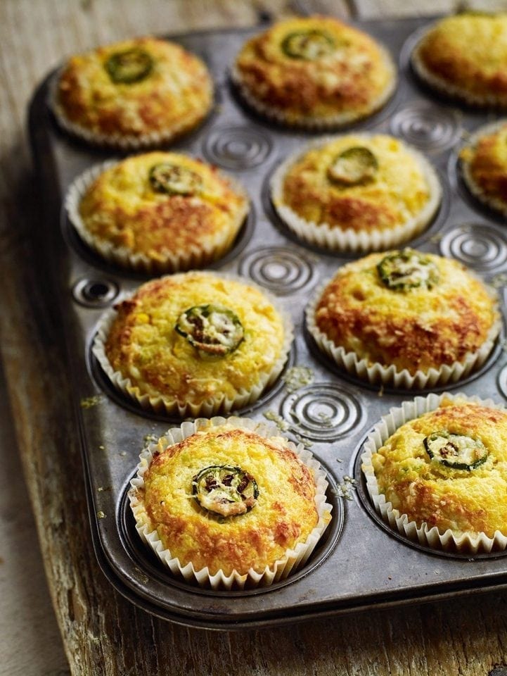 Cheddar, jalapeño, chilli and sweetcorn muffins