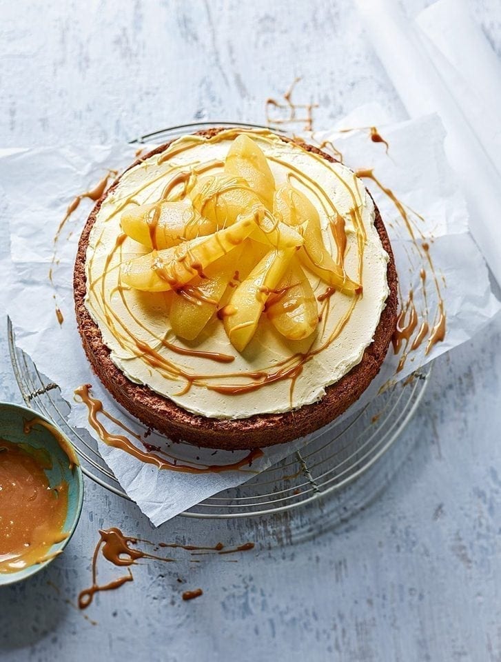 Poached pear cake with chai-spiced buttercream and salted caramel drizzle