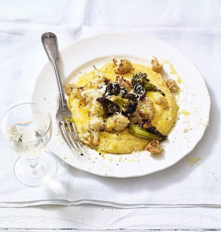 Roasted cauliflower and broccoli polenta