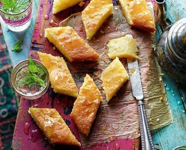 Basbousa on a wooden board