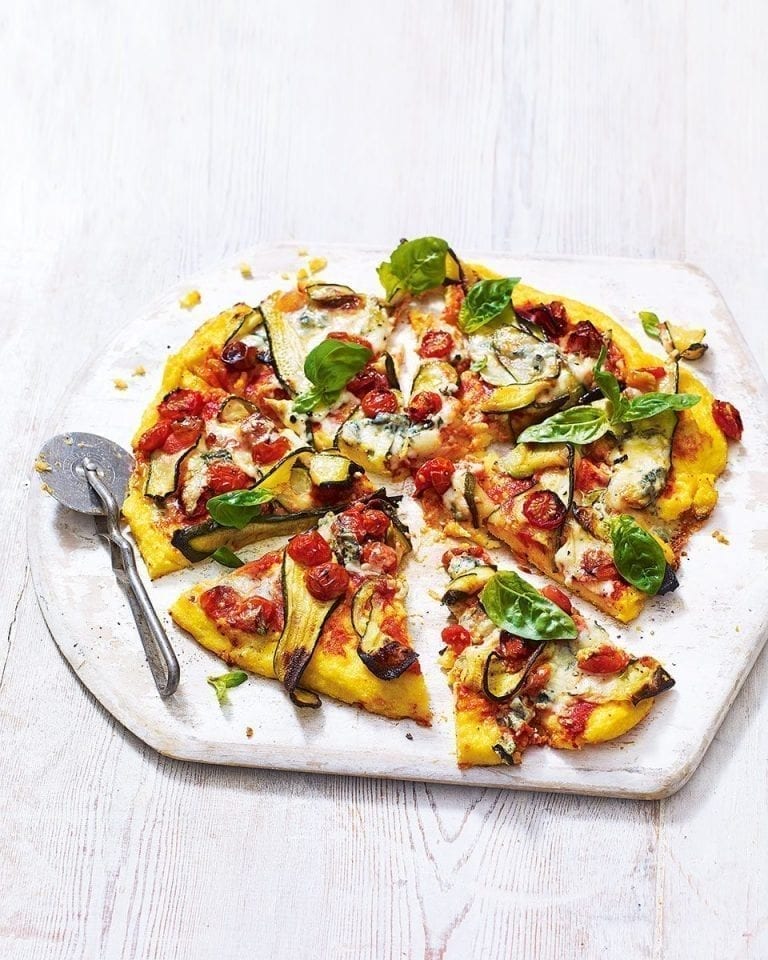 Polenta pizza with cherry tomatoes and dolcelatte