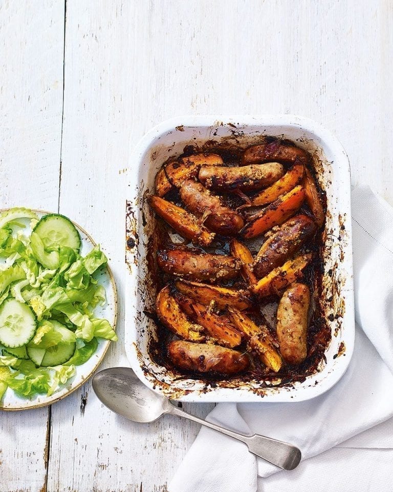 Honey-mustard sausages with sweet potato wedges